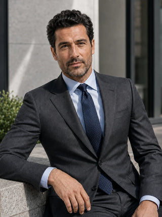 Man in a custom made navy suit next to a rack of classic suits