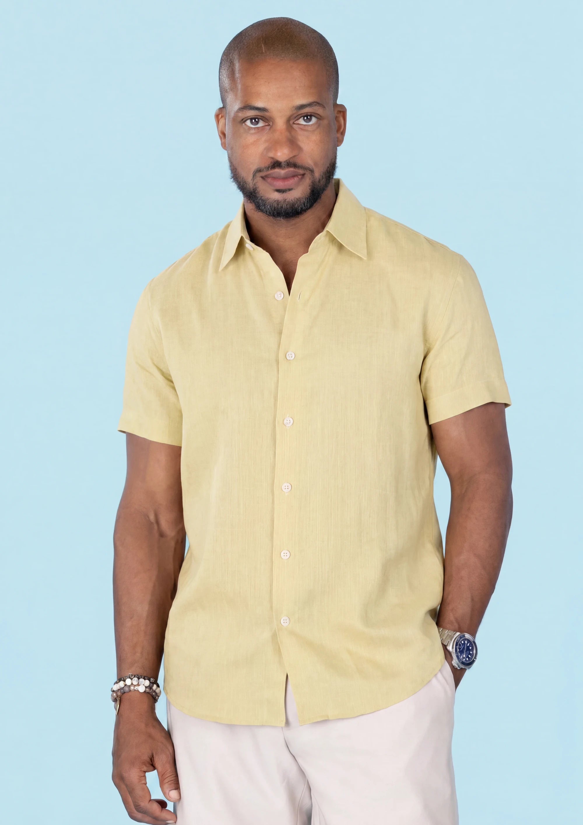 Light Yellow Linen T-Shirt - front view, alternate angle616