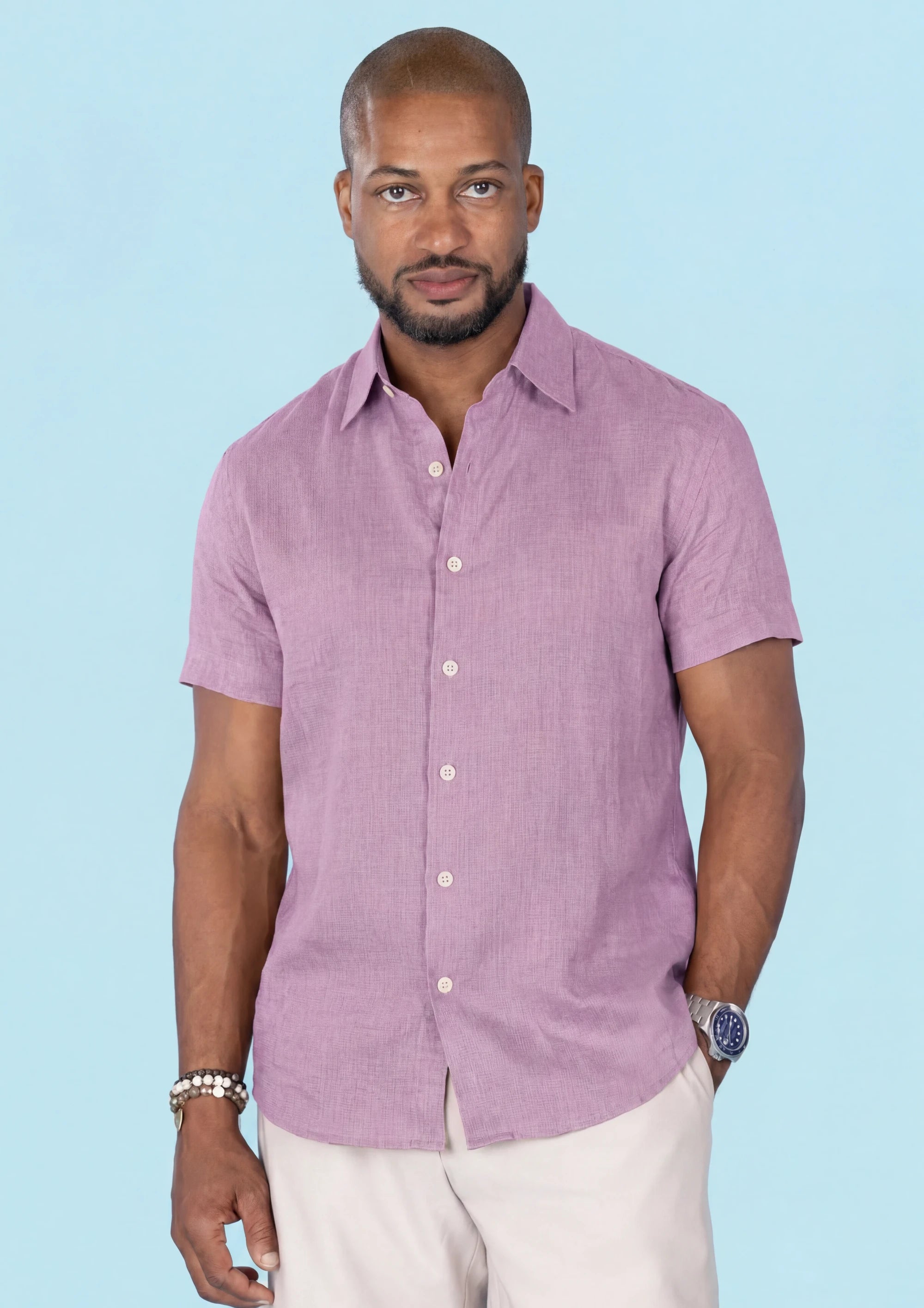 Pastel Violet Linen T-Shirt - front view, alternate angle856