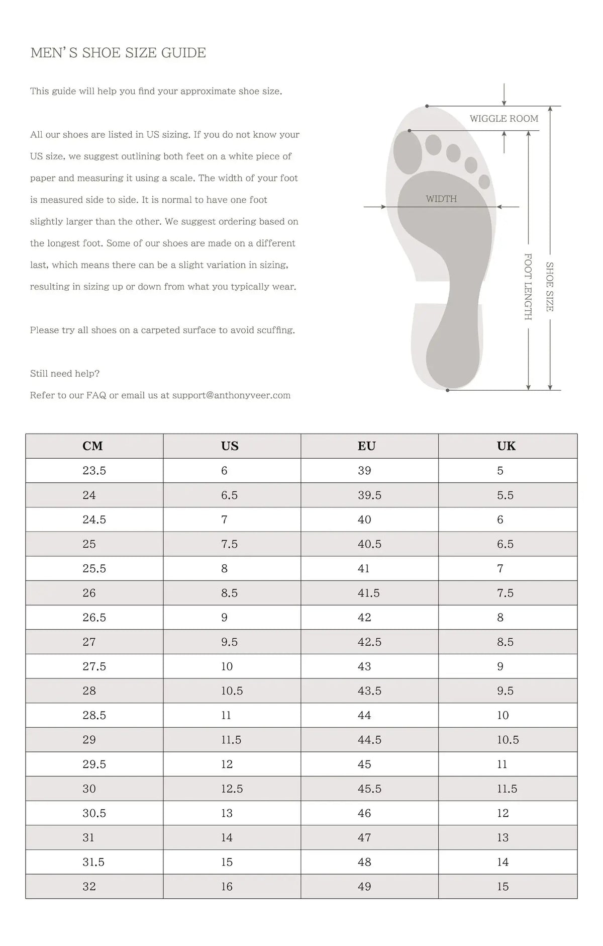Men's shoe size guide with foot measurement diagram on a white background