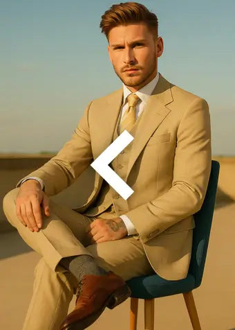Man in a beige suit sitting on a chair with a desert background