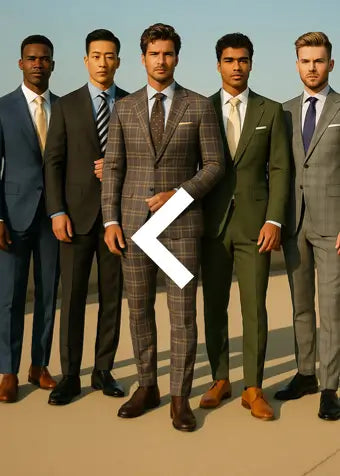Five men in suits standing in a row on a clear day.
