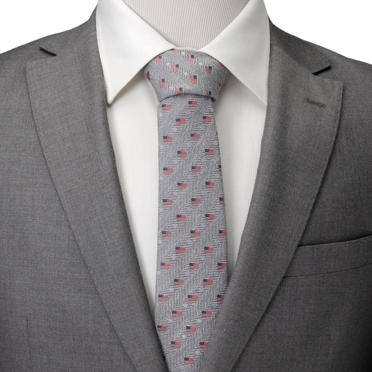 Light Gray Herringbone American Flag Men's Tie490