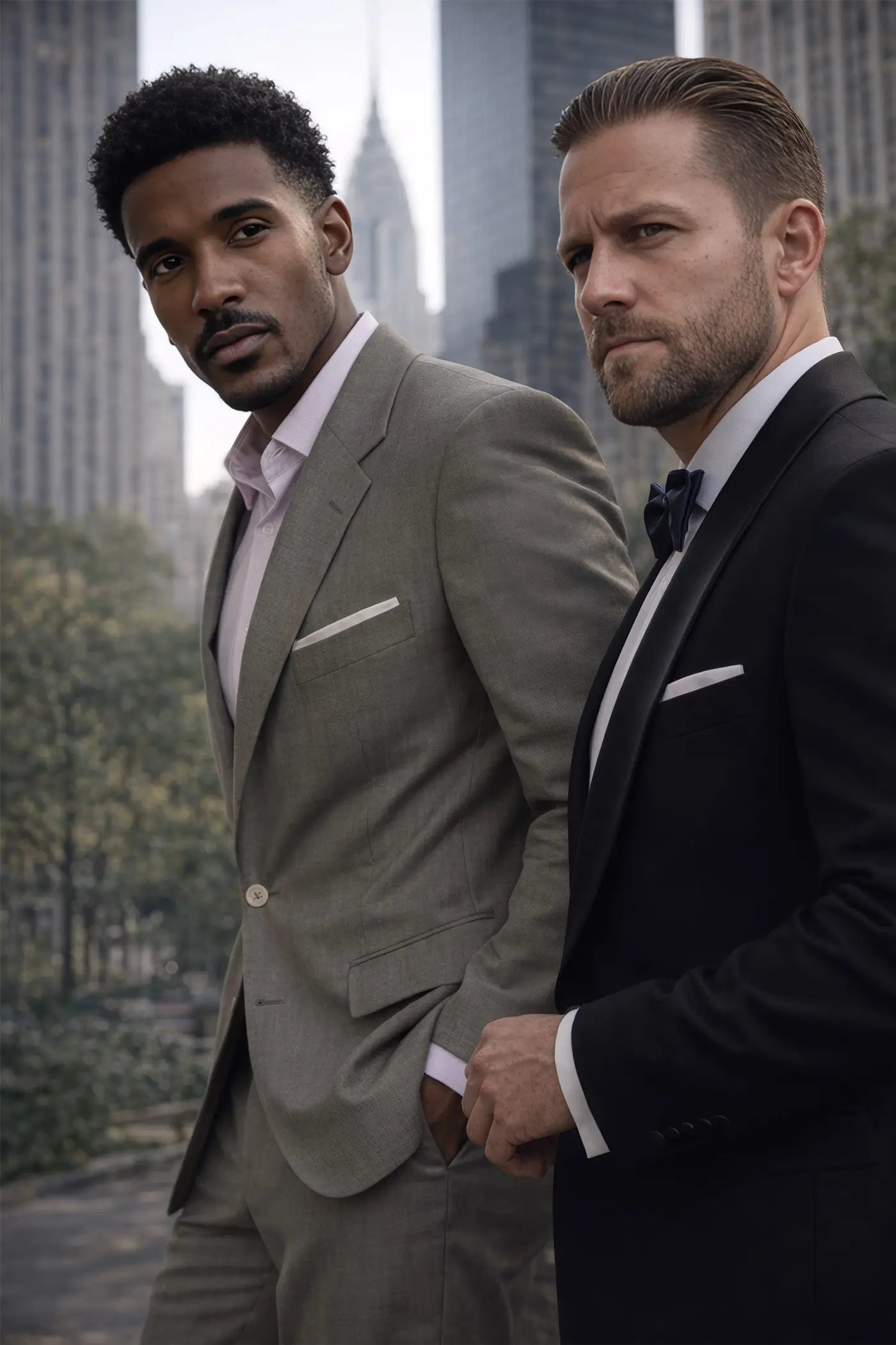 Two men in suits standing in an urban park with tall buildings in the background271