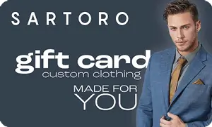 Sartoro gift card for custom clothing with a man in a suit