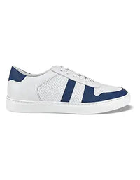 White sneaker with blue accents on a white background