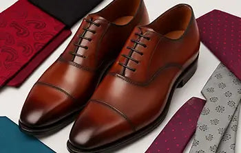 Brown dress shoes with laces on a colorful fabric background