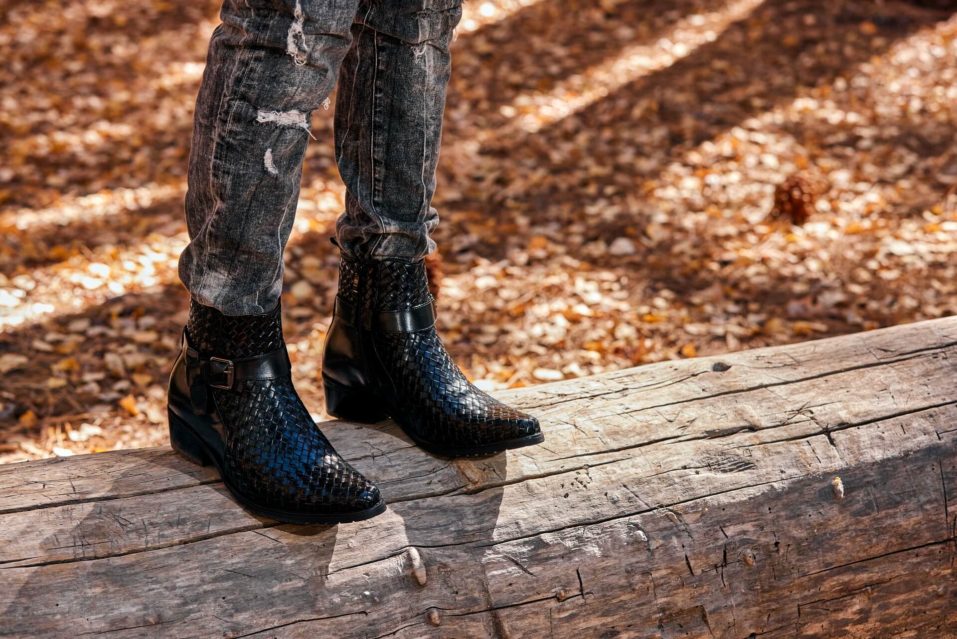 Black Woven High-Top Ankle Buckle Zipper Boots - 3581
