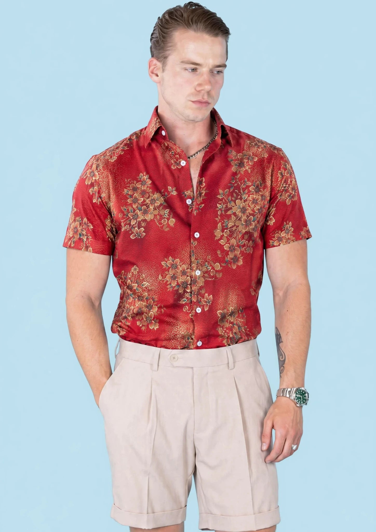 Crimson Blossom Silk Shirt - SARTORO362