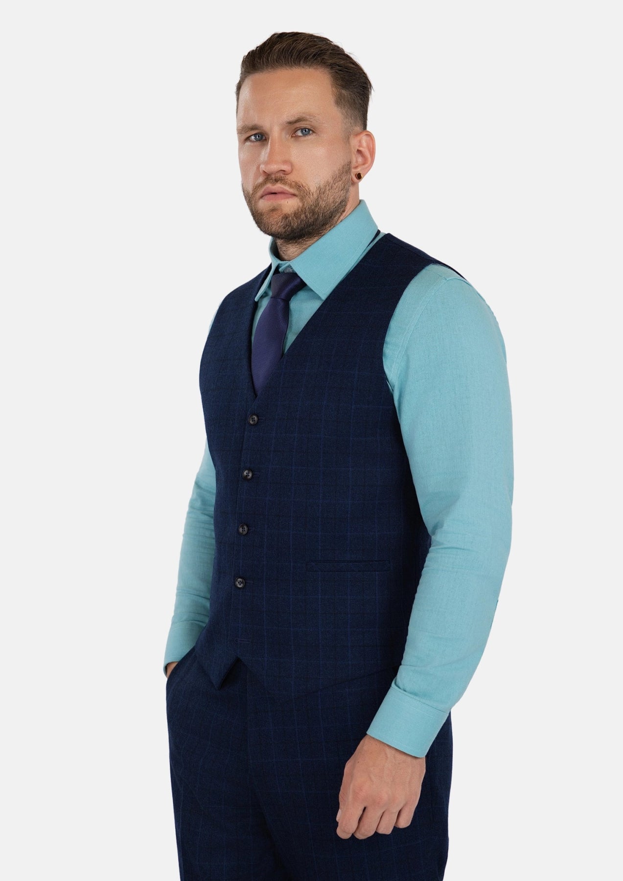 Deep Blue Flannel Windowpane Vest - SARTORO643