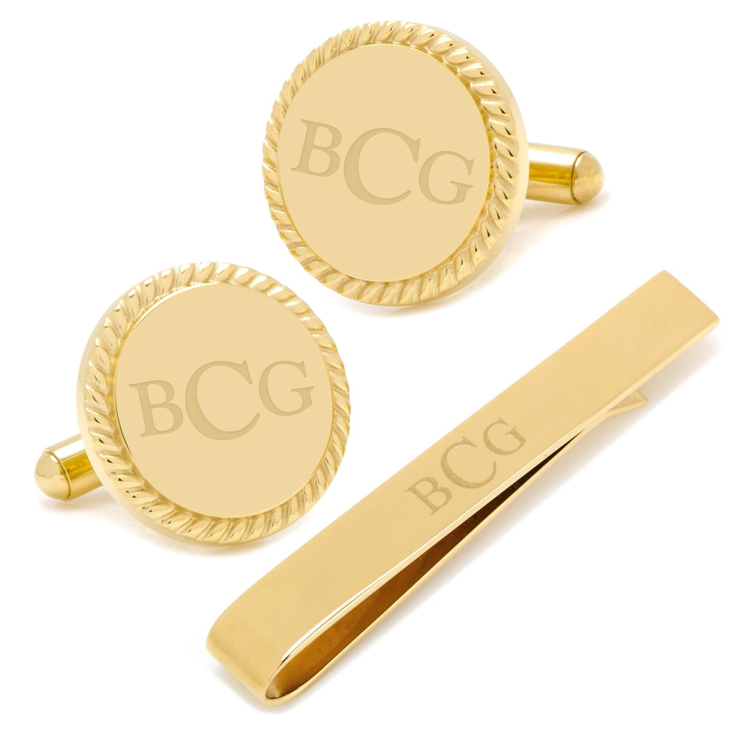 Engravable Gold Plated Rope Border Round Cufflinks and Tie Bar Gift Set - SARTORO231