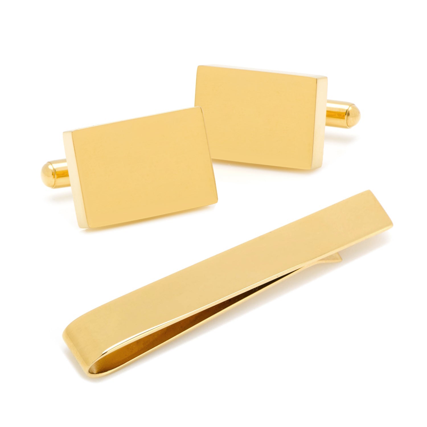 Engravable Rectangle Gold Cufflinks and Tie Bar Gift Set - SARTORO859