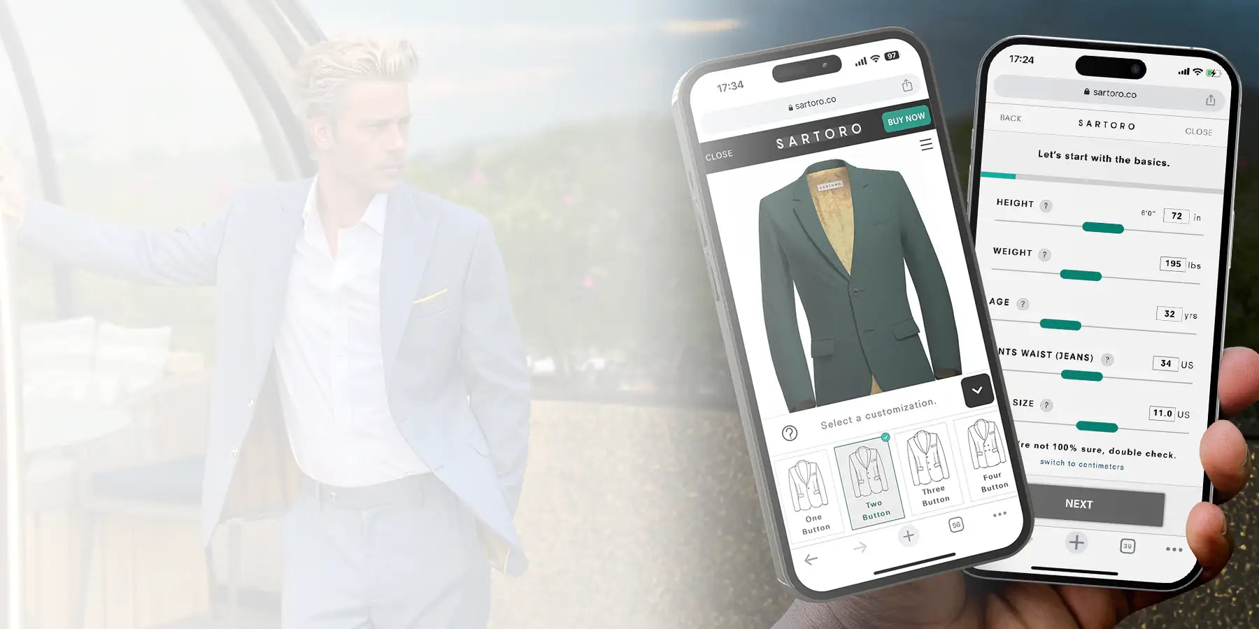 two phones showing the suit designer and digital tailor app