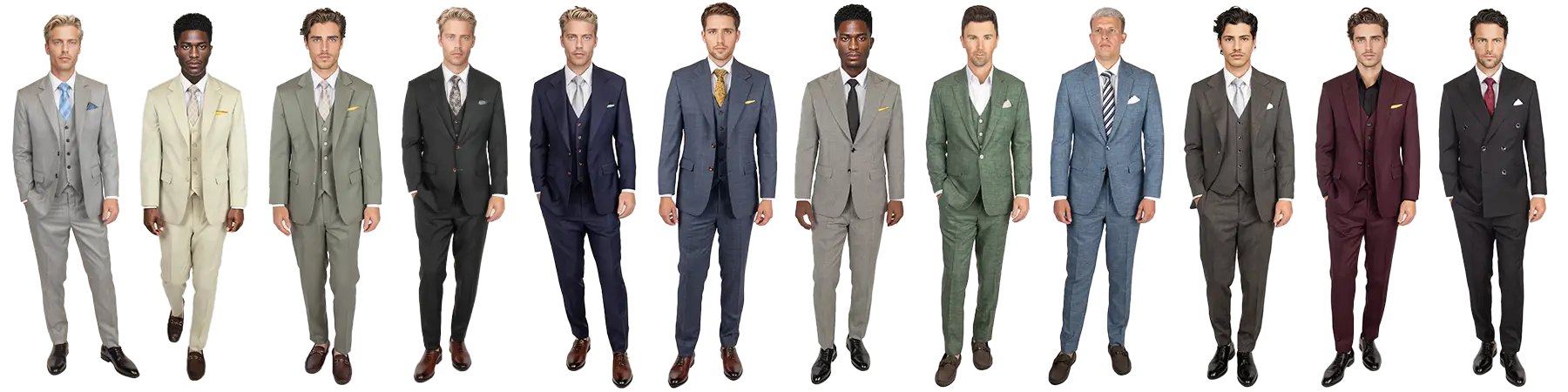twelve models in sartoro suits of varying colors and styles