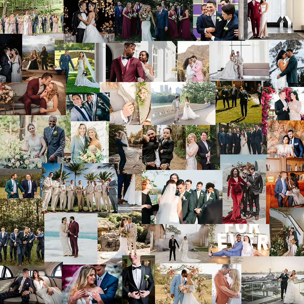 montage of dozens of wedding pictures in sartoro garments