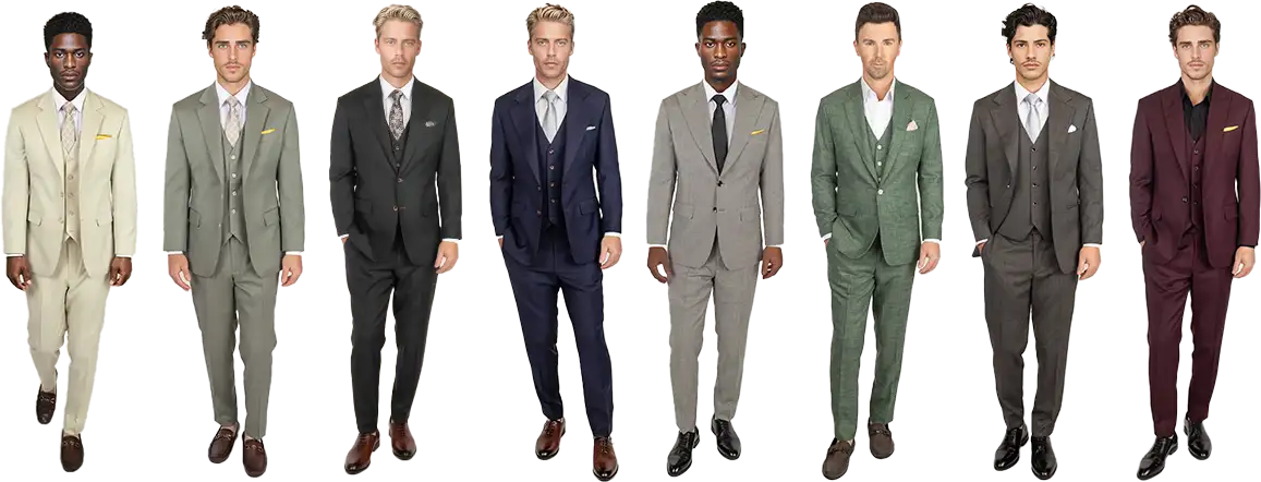 twelve models in sartoro suits of varying colors and styles
