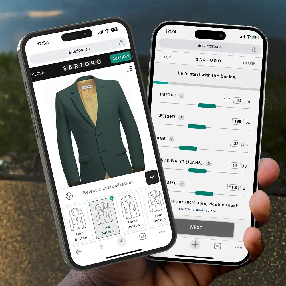 two phones showing the suit desginer and digital tailor app