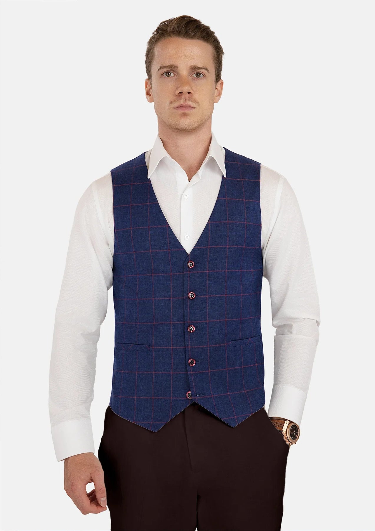 Indigo Blue Windowpane Vest - SARTORO305