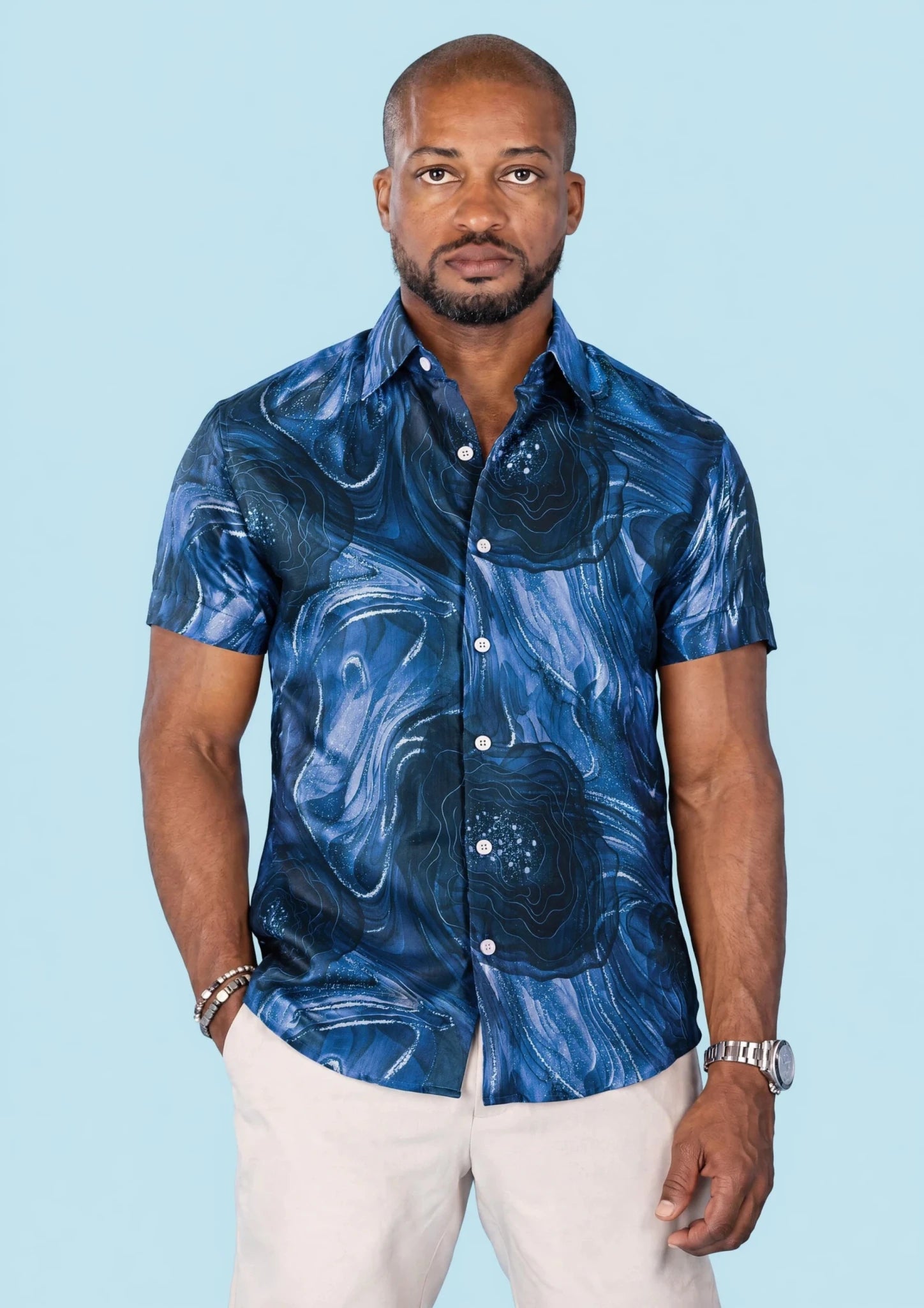 Indigo Marble Silk Shirt - SARTORO714