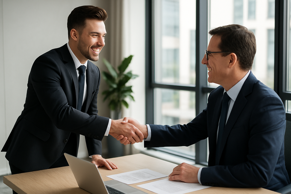 man shaking hands with person interviewing him
