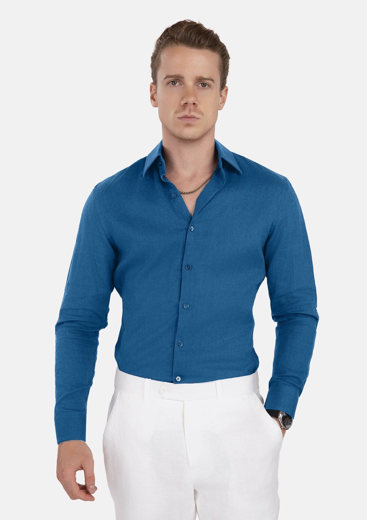 Marine Blue Linen Shirt - SARTORO525
