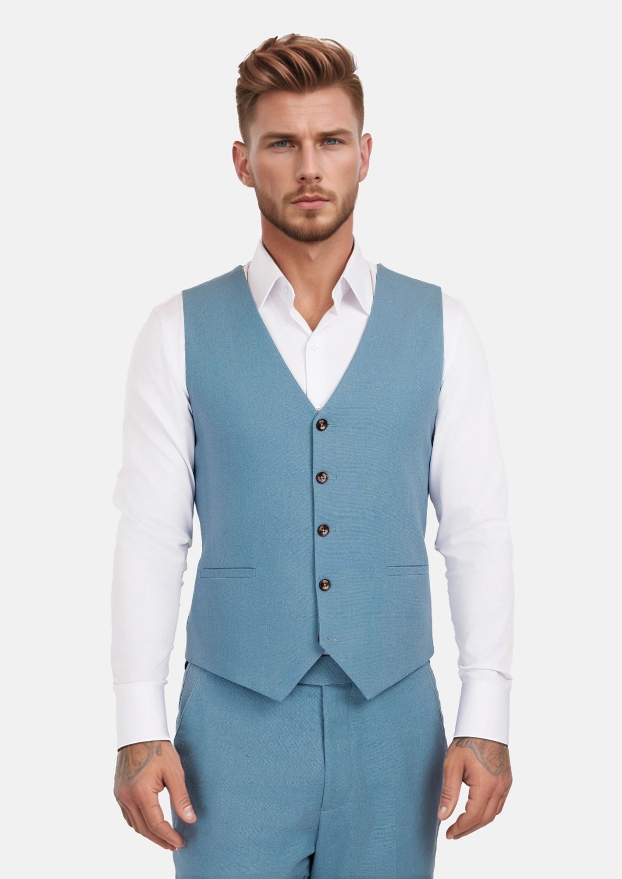 Mid Blue Linen Blend Vest - SARTORO244
