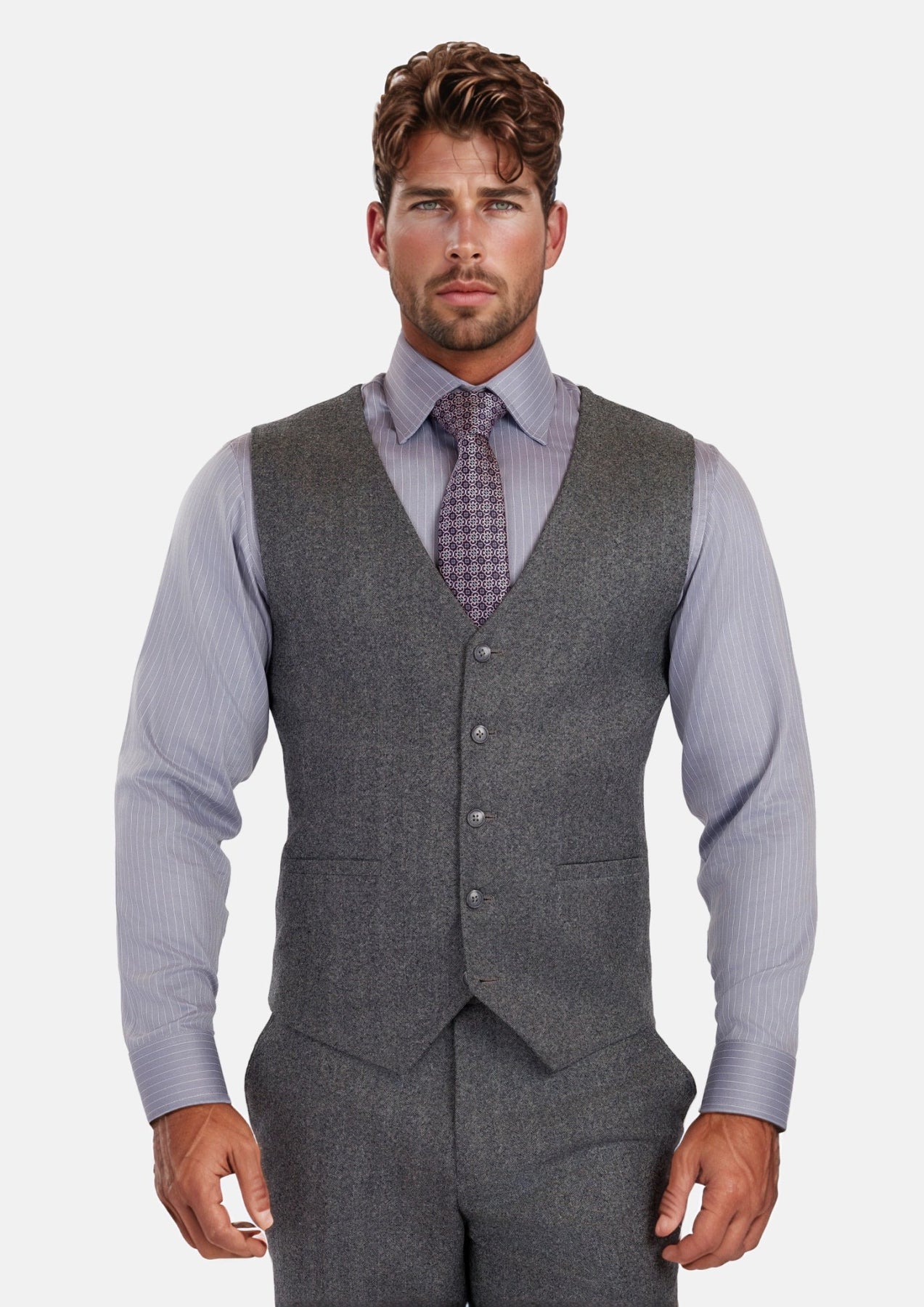 Mid Grey Herringbone Flannel Vest - SARTORO469