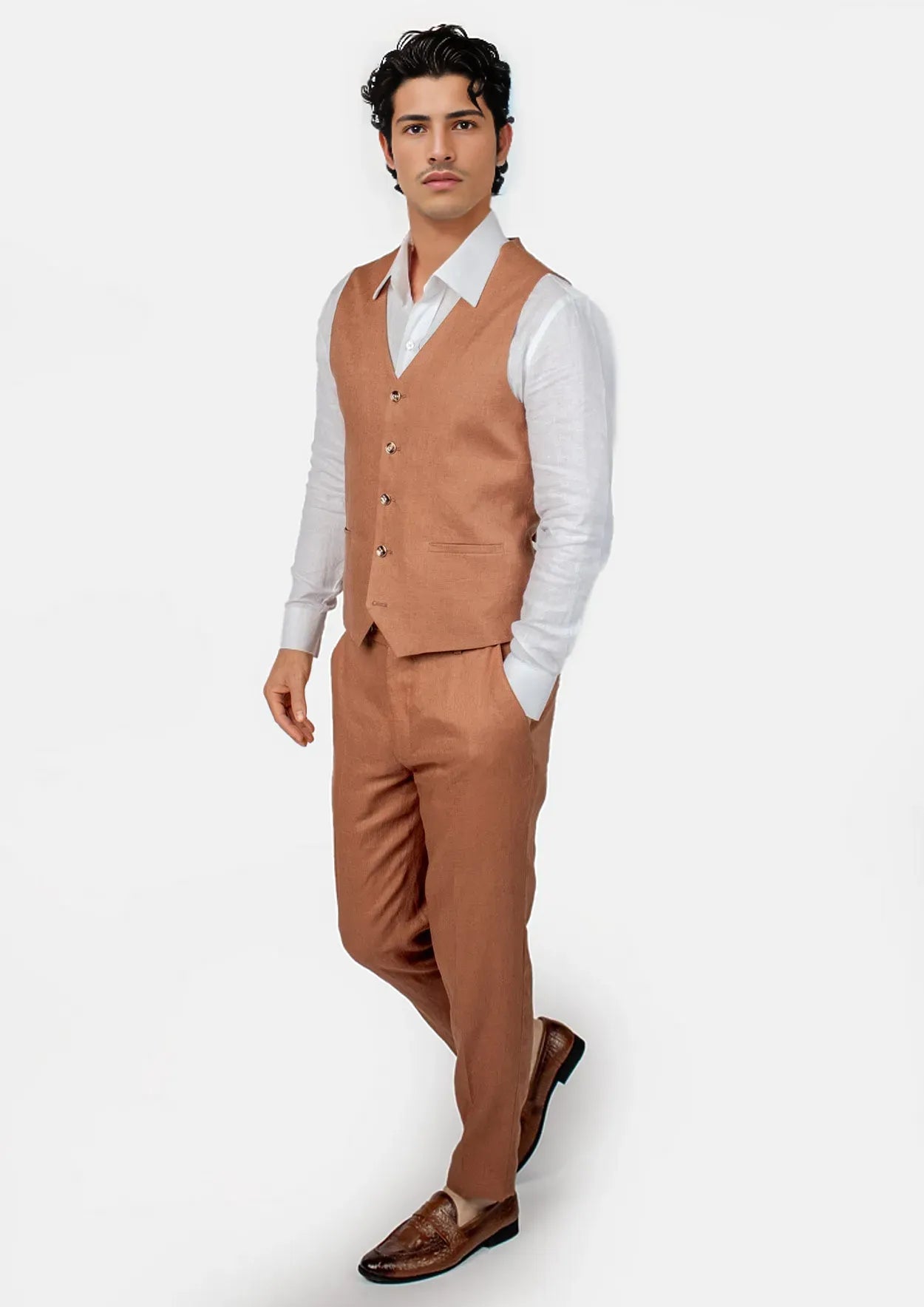 Amber Brown Linen Vest - SARTORO