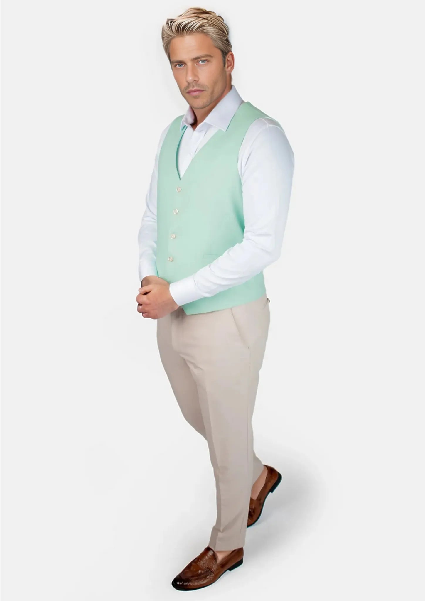 Mint Green Linen Blend Vest - SARTORO145