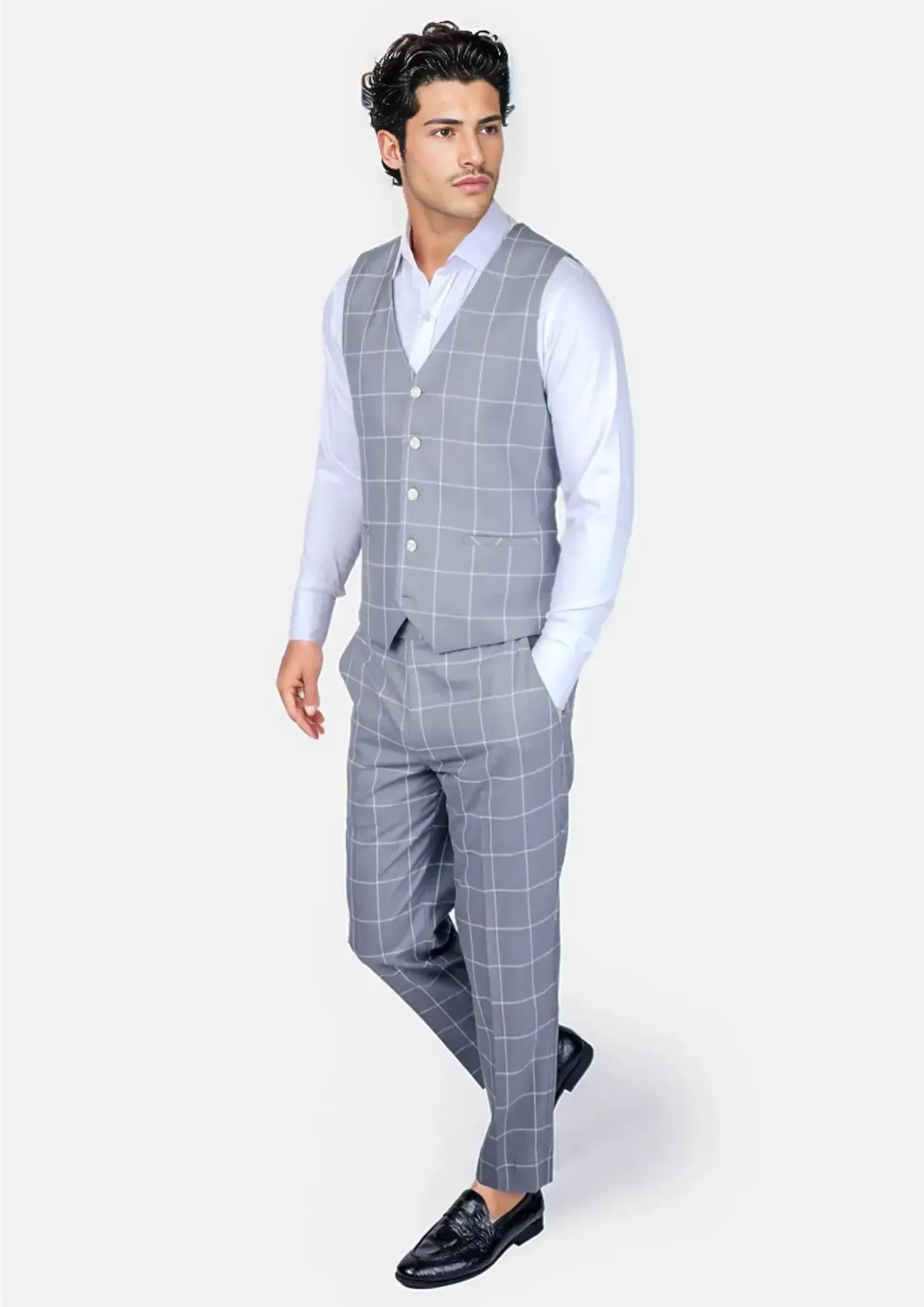 Powder Grey Windowpane Vest - SARTORO