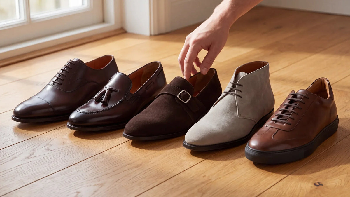 Five business casual shoes in a row on an oak floor: a dark brown cap-toe oxford, a tassel loafer, a suede monk strap, a light gray suede chukka boot and a brown leather sneaker699