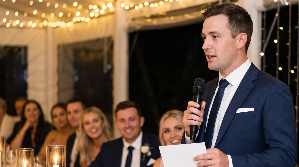 Best man giving a speech at an evening wedding reception, holding a microphone and a note card