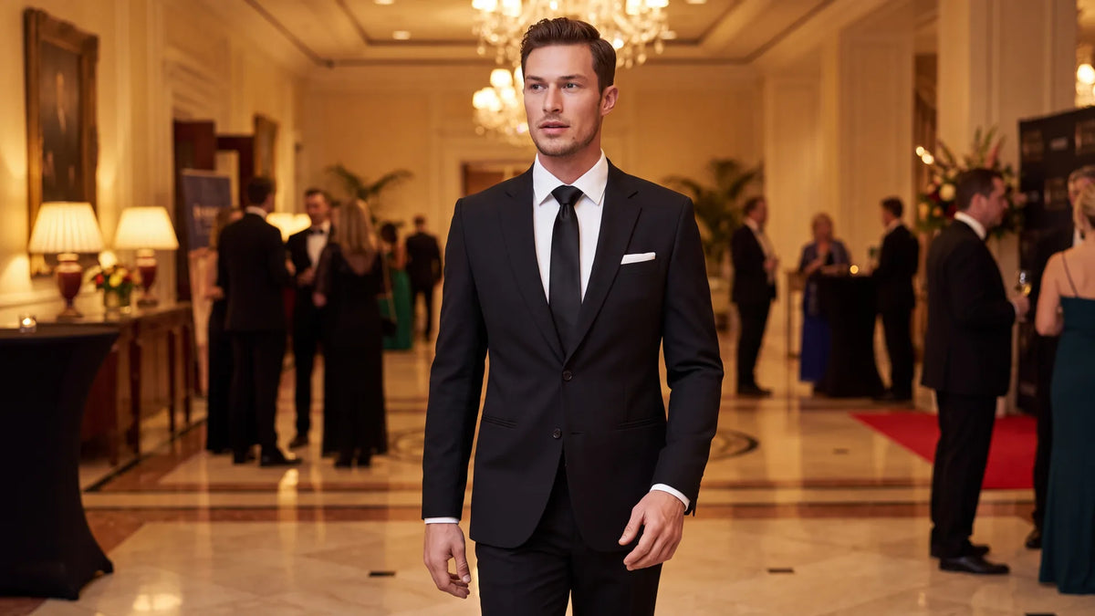A man in a jet black suit, white shirt and black silk tie arriving at an evening gala in a hotel ballroom.