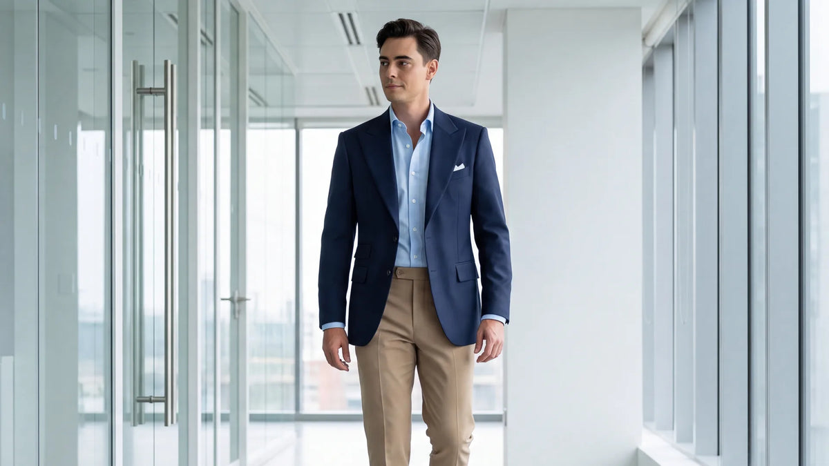 Man in a navy peak-lapel sport coat, light blue oxford button-down and khaki chinos walking through an office424