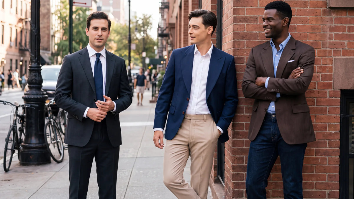 Three men side by side in a charcoal suit, a navy jacket with brown buttons and sand chinos, and a brown jacket with jeans.