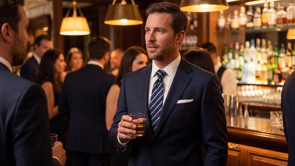 Man in a navy suit, white shirt and navy striped tie holding a glass at an evening cocktail reception378