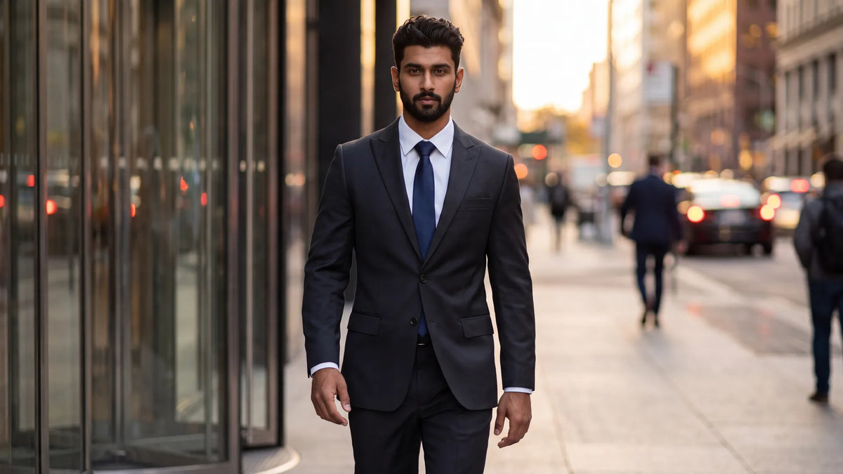 A man in a dark charcoal suit, white shirt and navy tie walking out of an office building in late afternoon light288
