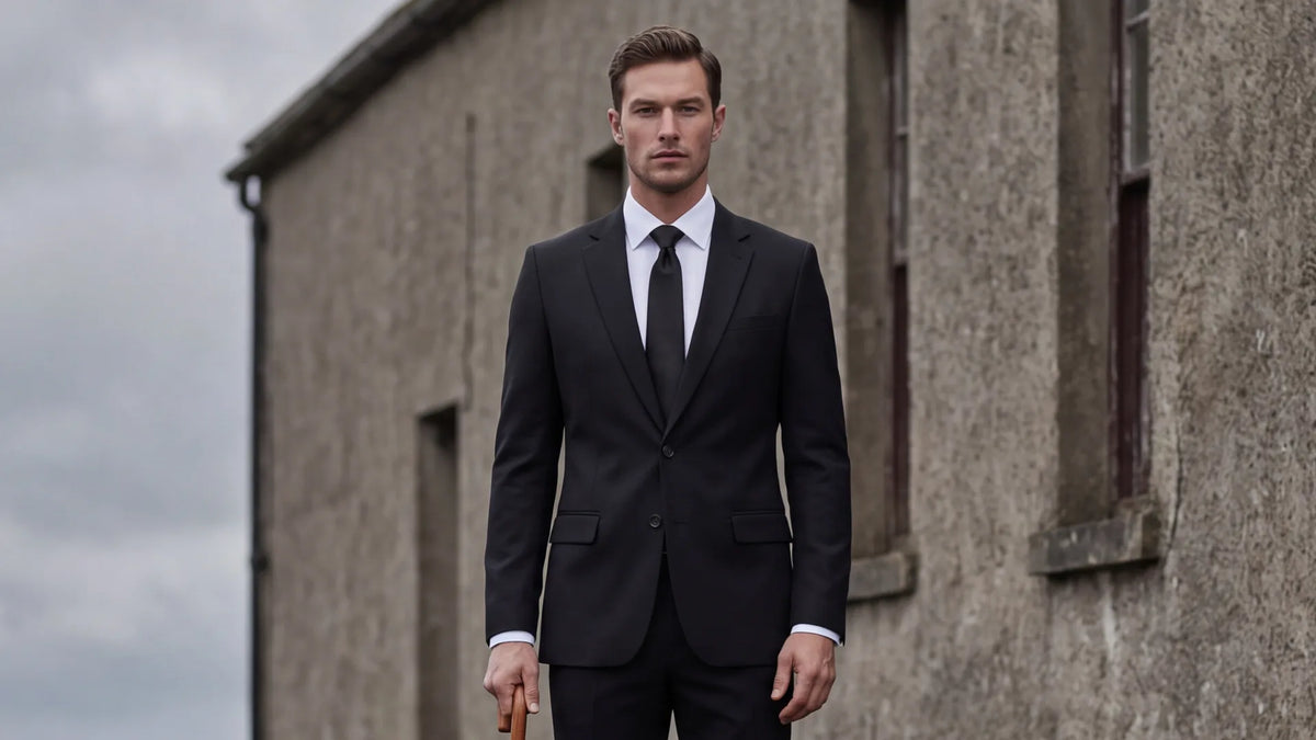 Man in a black suit, white shirt and black tie standing outside a stone building on an overcast day160