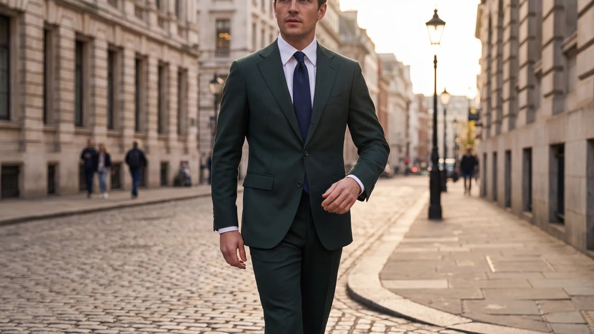 A man in a dark green twill suit, white shirt and navy tie walking along a city street in late afternoon light.