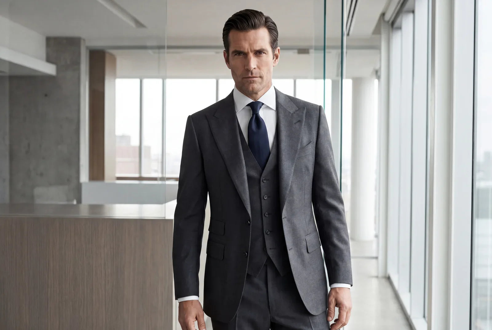 A Harvey Specter-style man in a charcoal three-piece peak-lapel suit in a modern office187