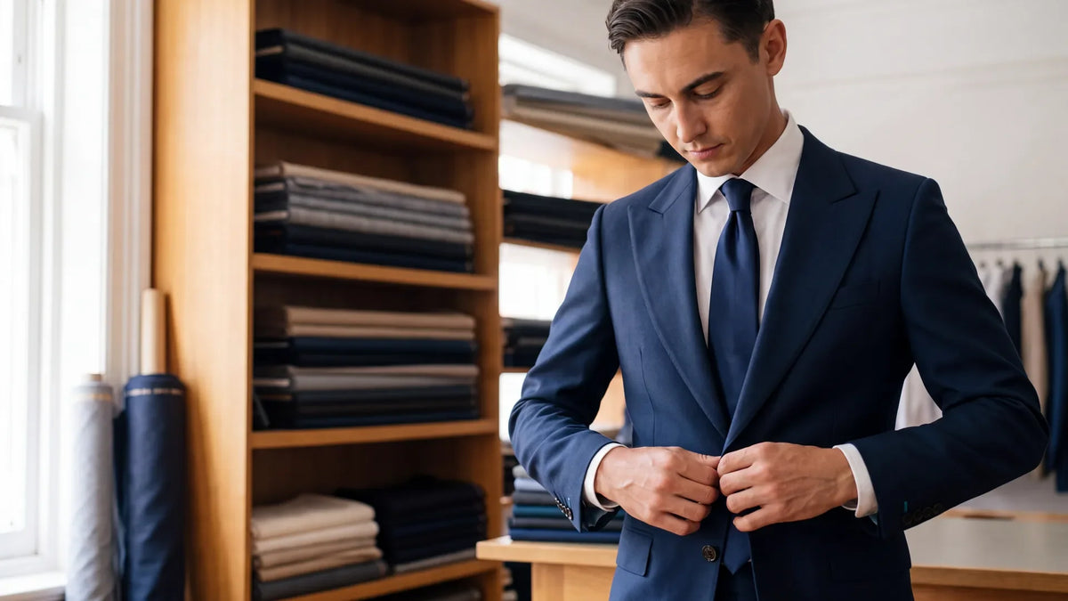 A man buttons a navy crosshatch suit jacket and checks the fit in a tailoring room.
