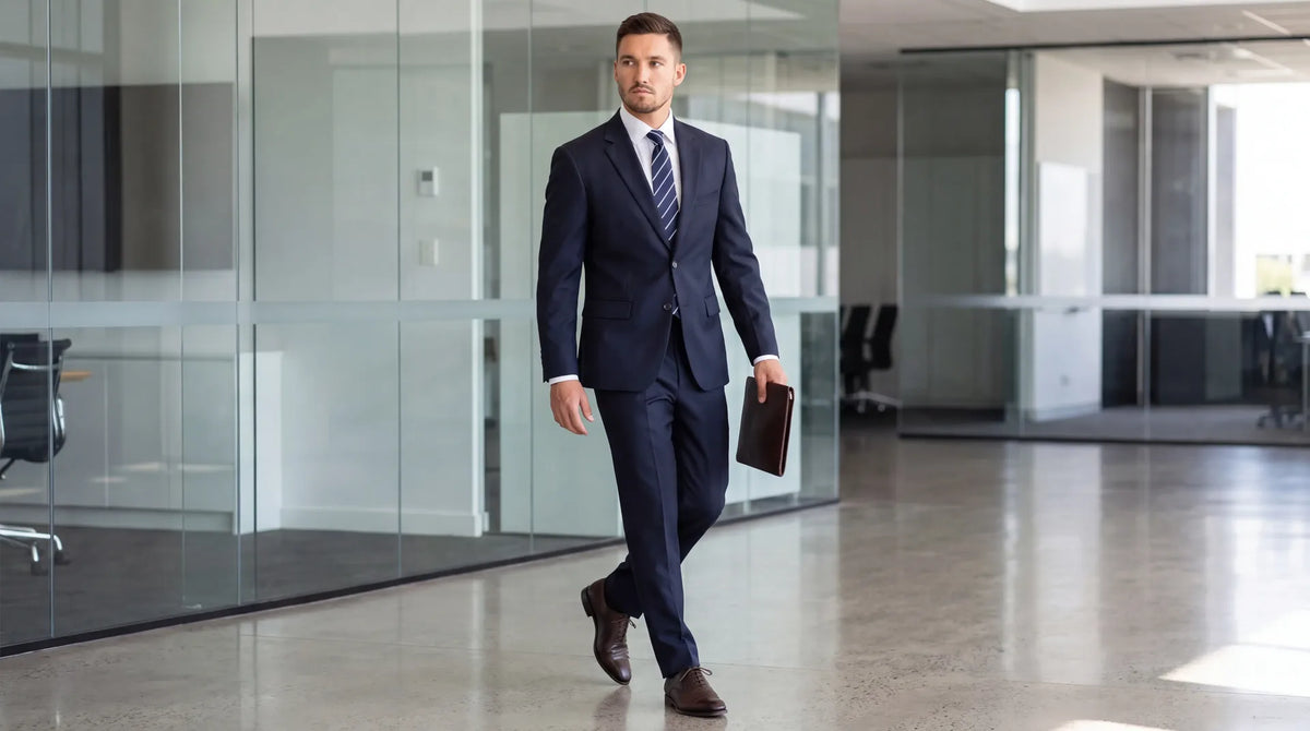 Man in a navy suit, white shirt and striped tie walking to a job interview