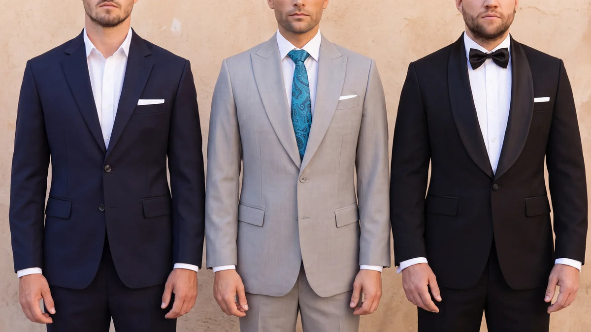 Three jackets side by side showing a notch lapel on a navy suit, a peak lapel on a light gray suit and a black satin shawl lapel on a tuxedo