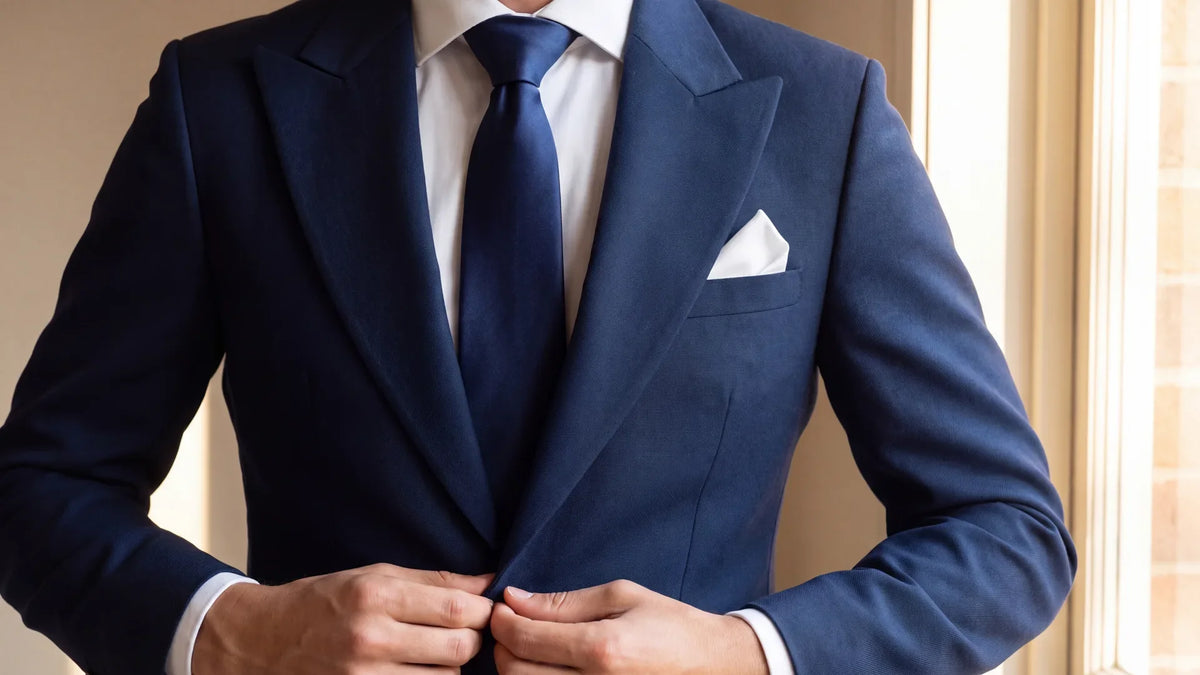Close view of a navy suit, white shirt and navy tie with a white pocket square in a one-point fold in the breast pocket