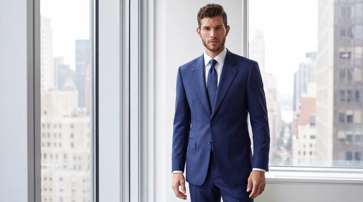 Man in a navy two-piece suit with notch lapels, a white shirt and a navy tie, standing by an office window.