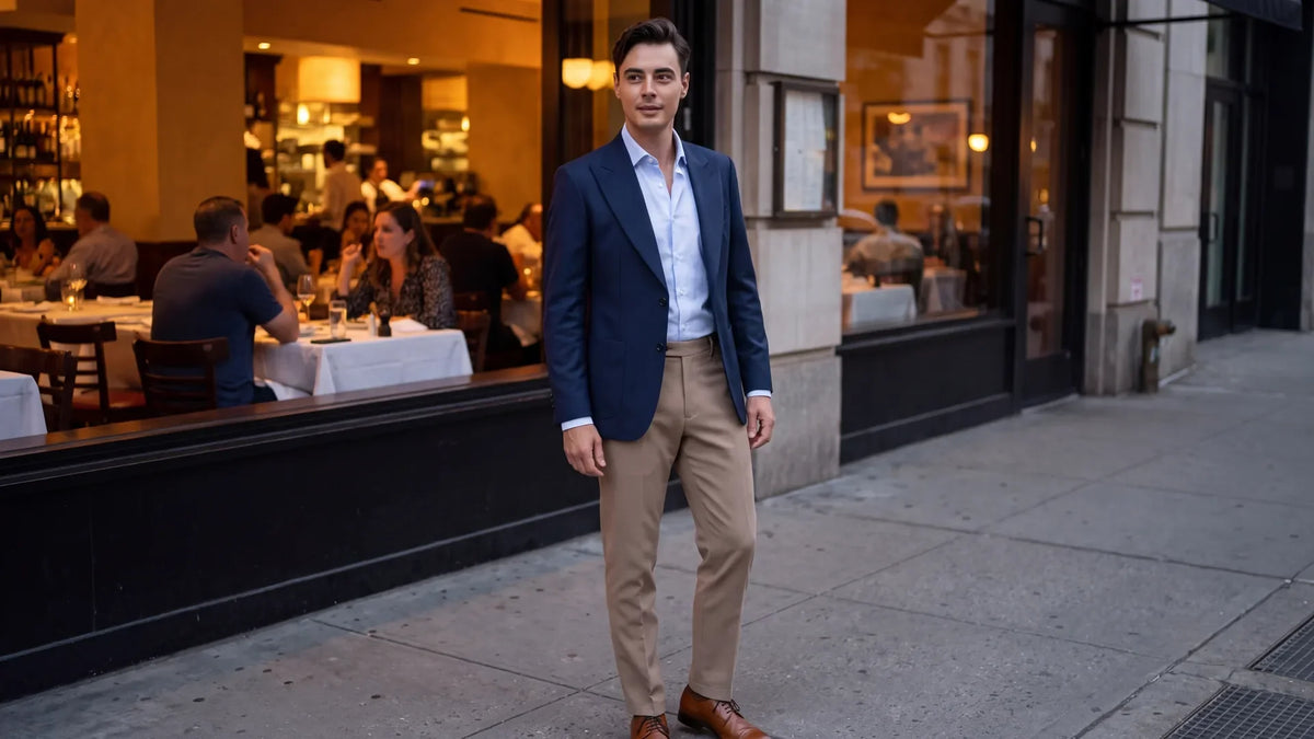 Man in a navy crosshatch sport jacket, light blue oxford shirt open at the collar and stone chinos outside a restaurant in the evening789