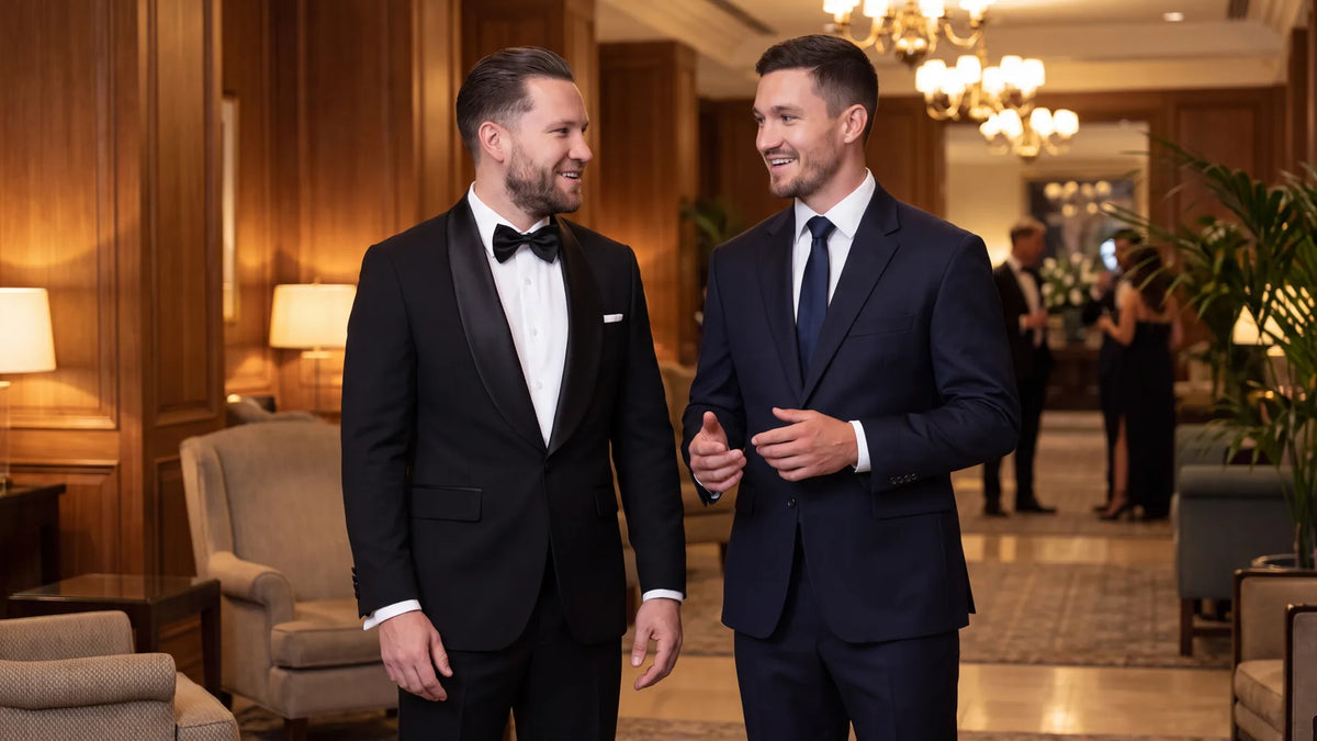 A black tuxedo with satin shawl lapels next to a dark navy suit with plain notch lapels, both worn with white shirts