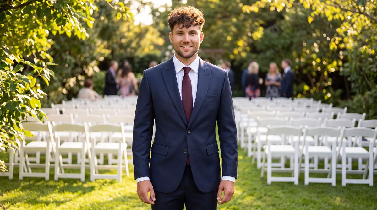 Wedding guest in a navy suit, white shirt and burgundy tie beside rows of ceremony chairs in a garden