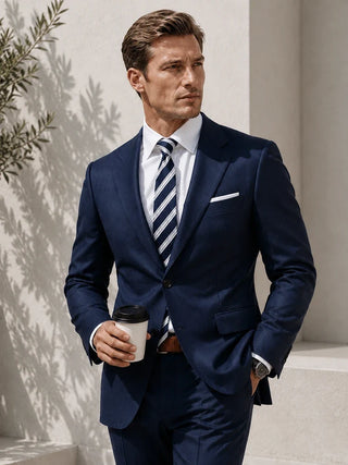 A man wearing a navy blue suit, white dress shirt, and a navy and white striped tie, holding a coffee cup in a bright, modern outdoor setting.