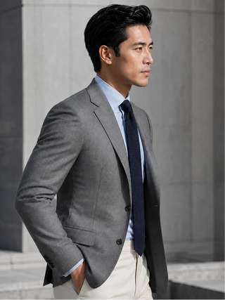 A man in a gray blazer, light blue dress shirt, dark navy tie, and cream trousers, standing in a modern gray stone environment.